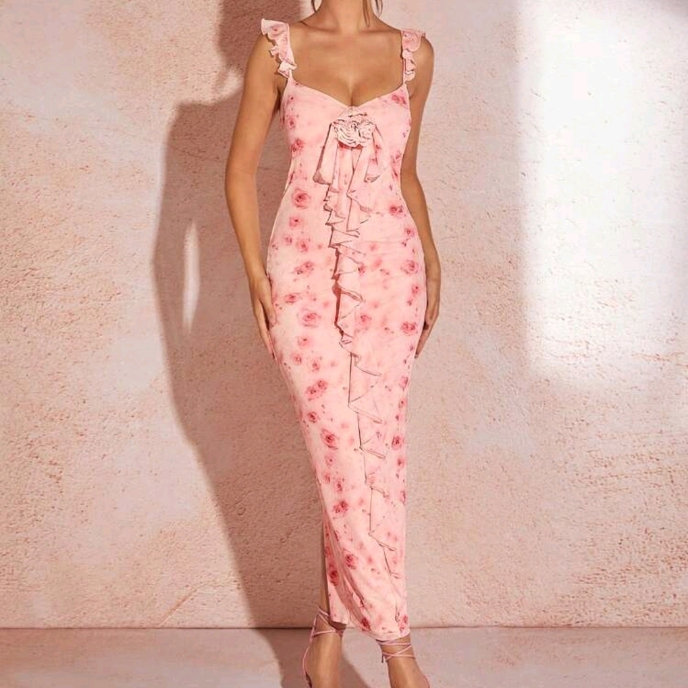 Floral Pink Ruffle Maxi Dress